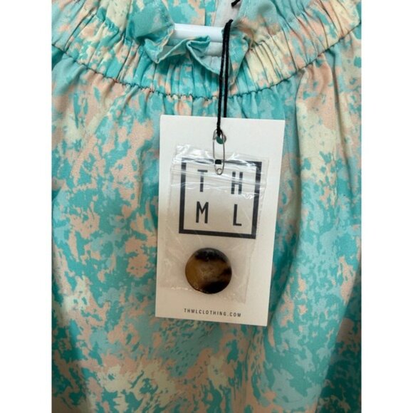 THML Judy Top Women XL Balloon Sleeve Mock Neck Button Back Blouse Pink Blue - Picture 3 of 7